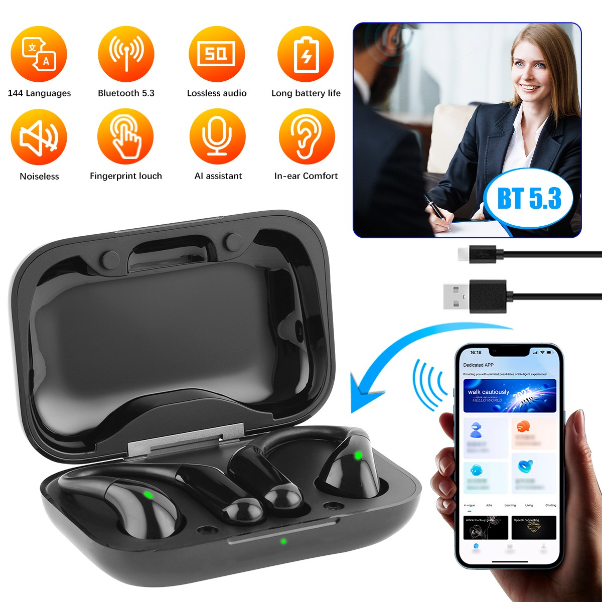 New Wireless Earbuds with AI Assistant & Speech to Text for iPhone 144 Languages
