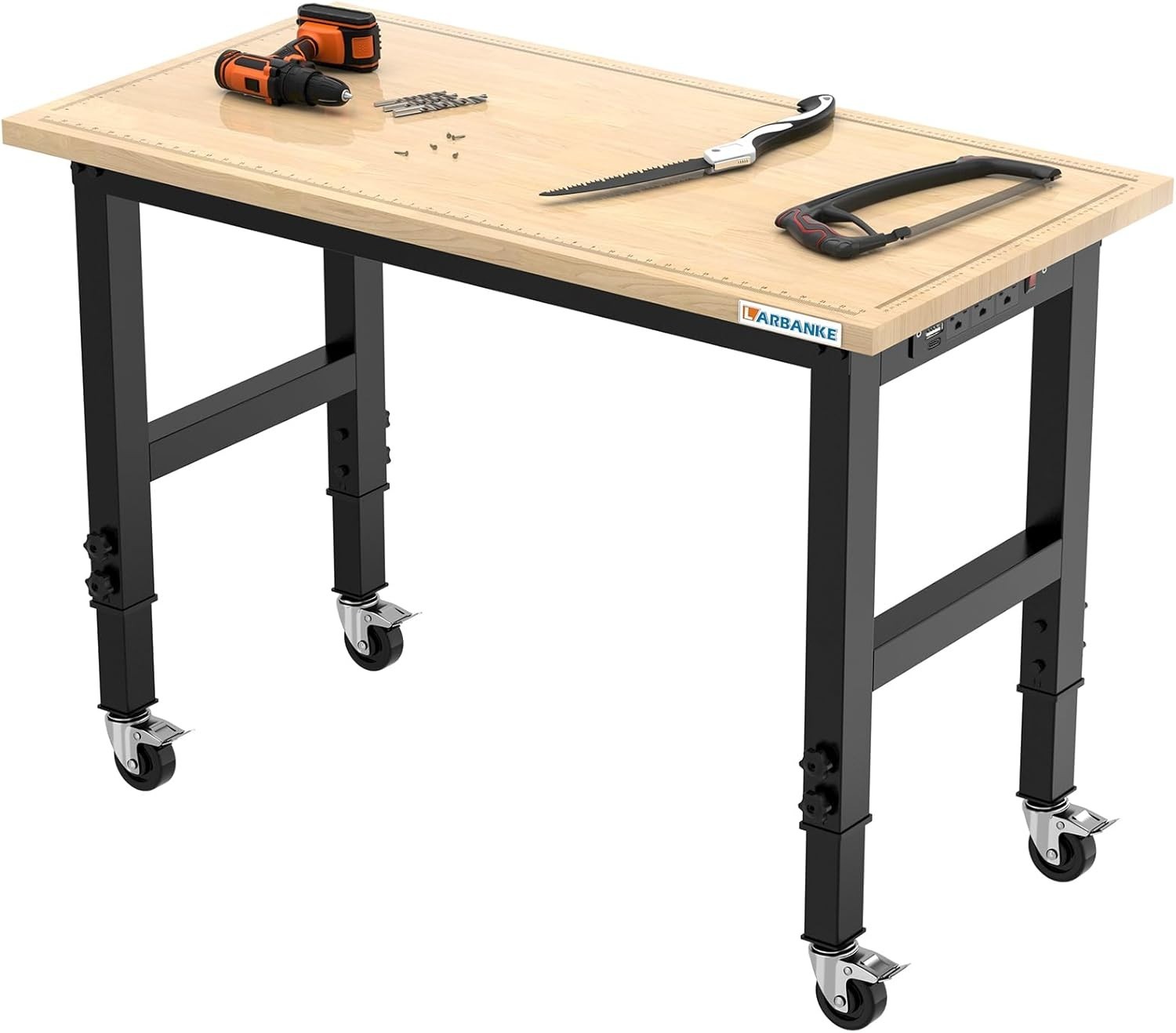 Versatile 48" Rubber Wood Workbench with Adjustable Height & Mobility Wheels