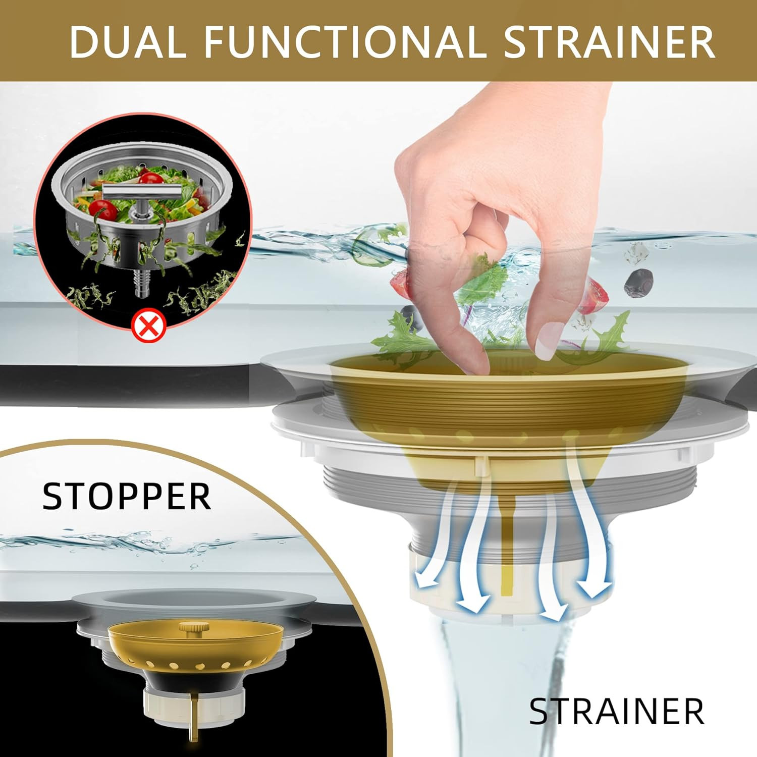 Kitchen Sink Drain Gold Sink Drain Strainer with Fixed Post 3-1/2 Inch Kitchen D