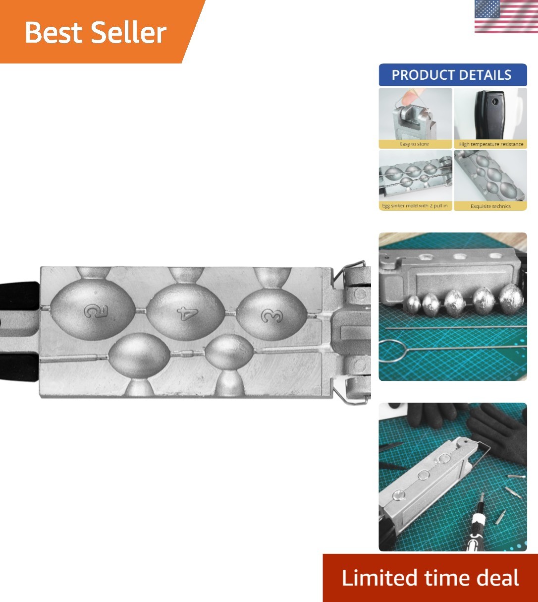 Customizable Fishing Sinker Mold - 5 Cavity Aluminum for 1oz, 2oz, 3oz, 4oz, 5oz