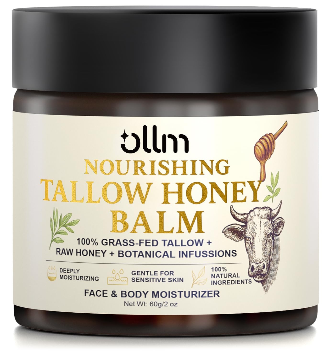 OLLM Beef Tallow for Skin Grass Fed Tallow and Honey Balm With Raw Honey and Be
