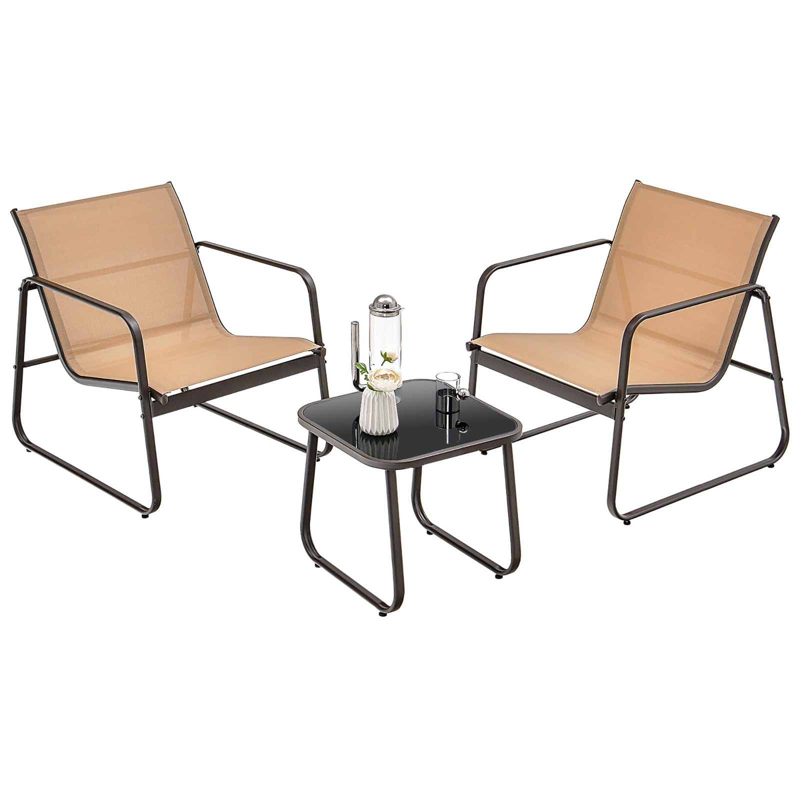 3PCS Conversation Set Outdoor Metal Chair & Table Tempered Glass Top Patio