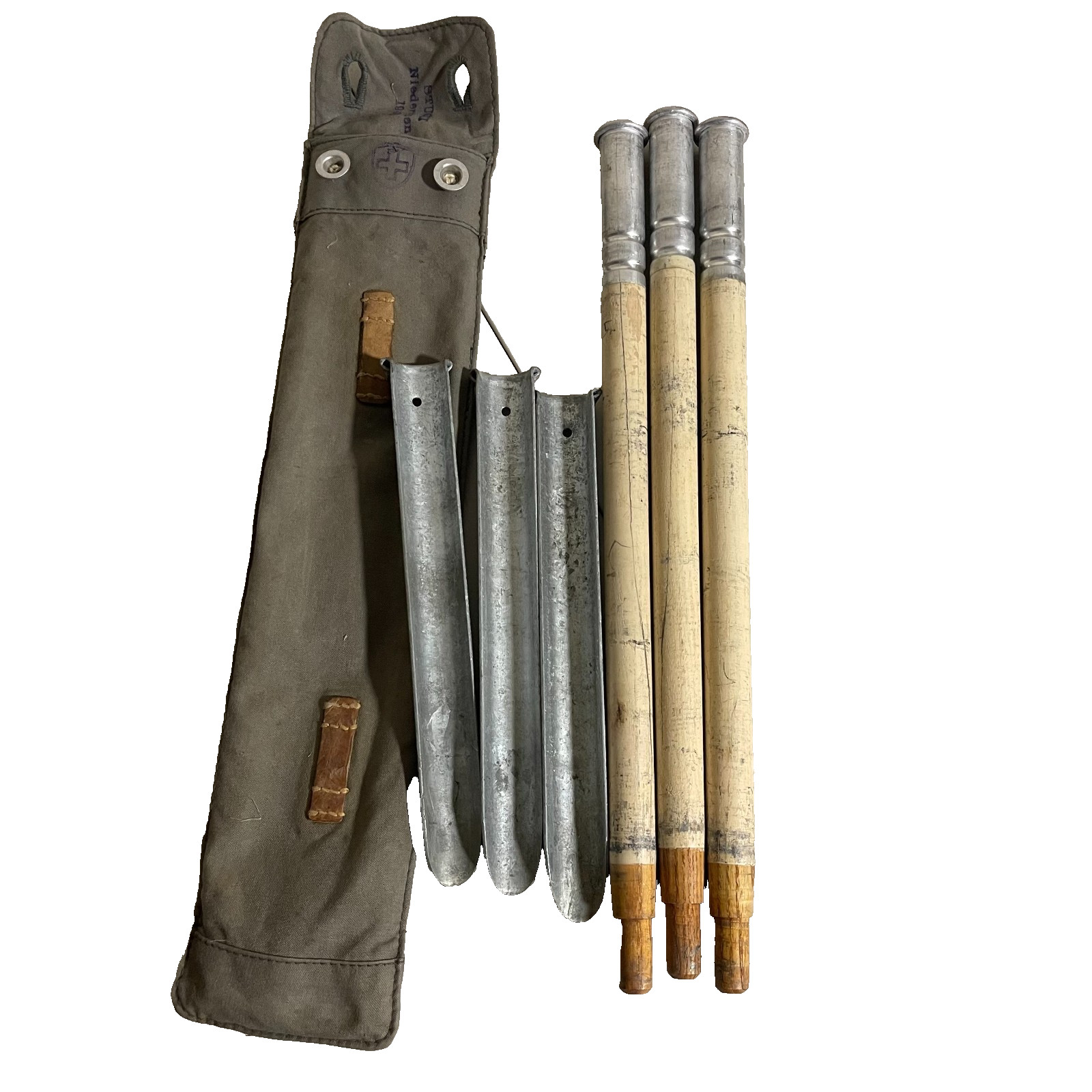 WW2 Swiss Army Tent Poles And Stakes W/bag 1940s Vintage Military WWII Zeltbaun1