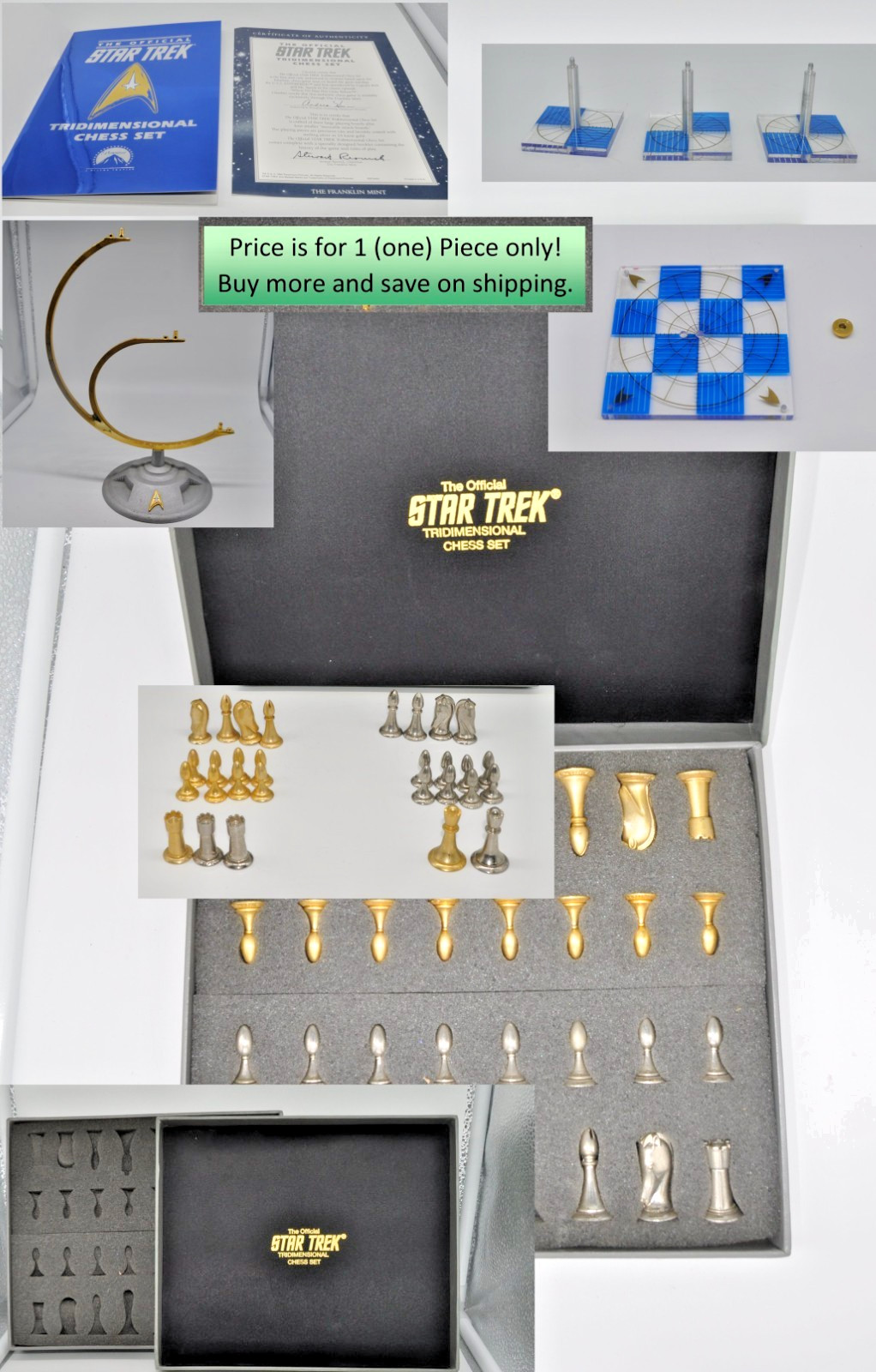 Franklin Mint Chess Set Star Trek 3D Tri-Dimensional Replace Piece Board COA