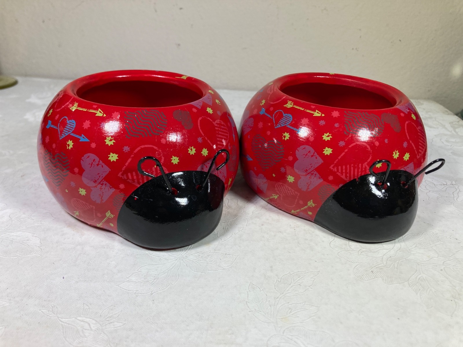 2 Ladybug Planter Succulent Pots-  Red Black Hearts Rocket Farms Ceramic Small