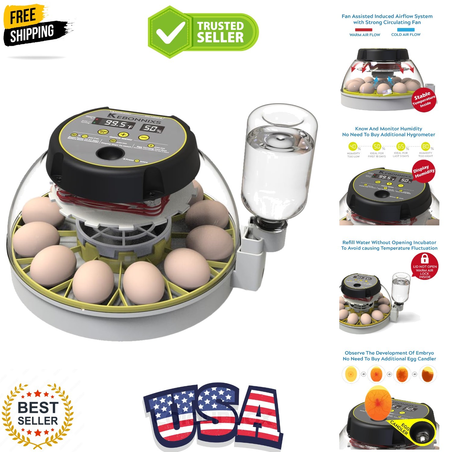 12 Egg Incubator with Humidity Display, Egg Candler, Automatic Egg Turner, fo...