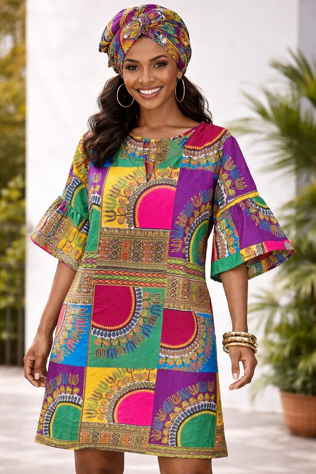 Lapogee Dashiki Dress + Matching Head Wrap Women 1X African Print Boho Festival
