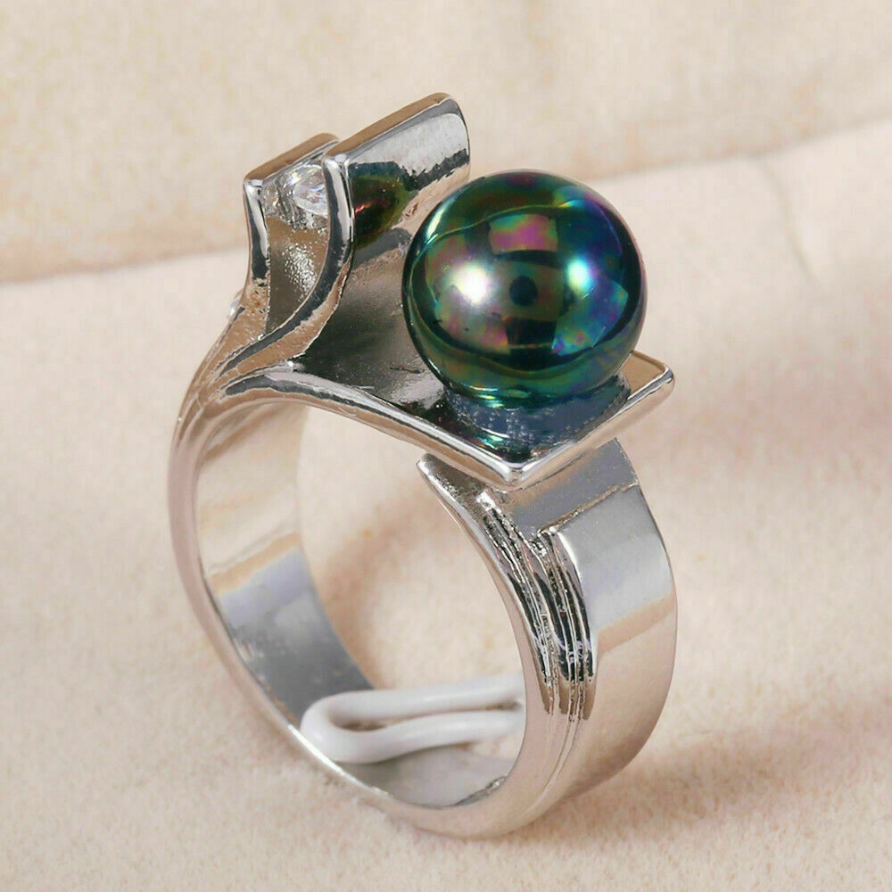 Fashion Women Silver Plated Jewelry Round Cut Black Pearl Size6-10 Lab-Created