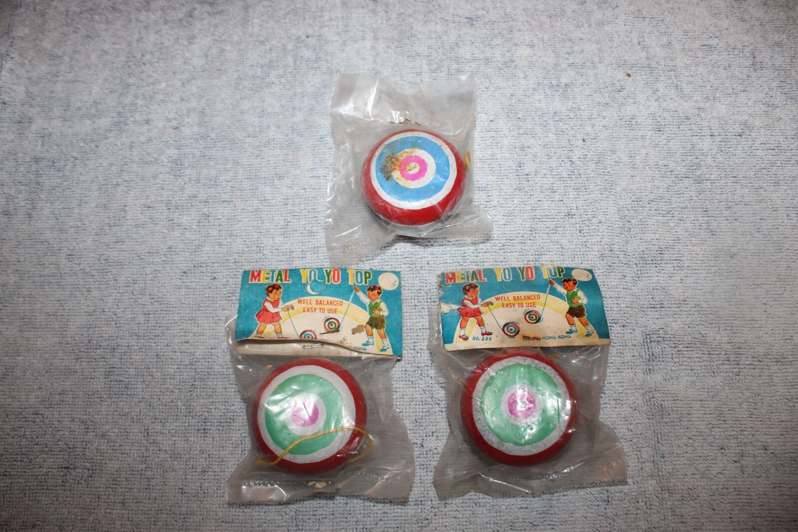 NOS 3 Vintage Metal Yo Yo Tops Made in Hong Kong Carnival Game Prize