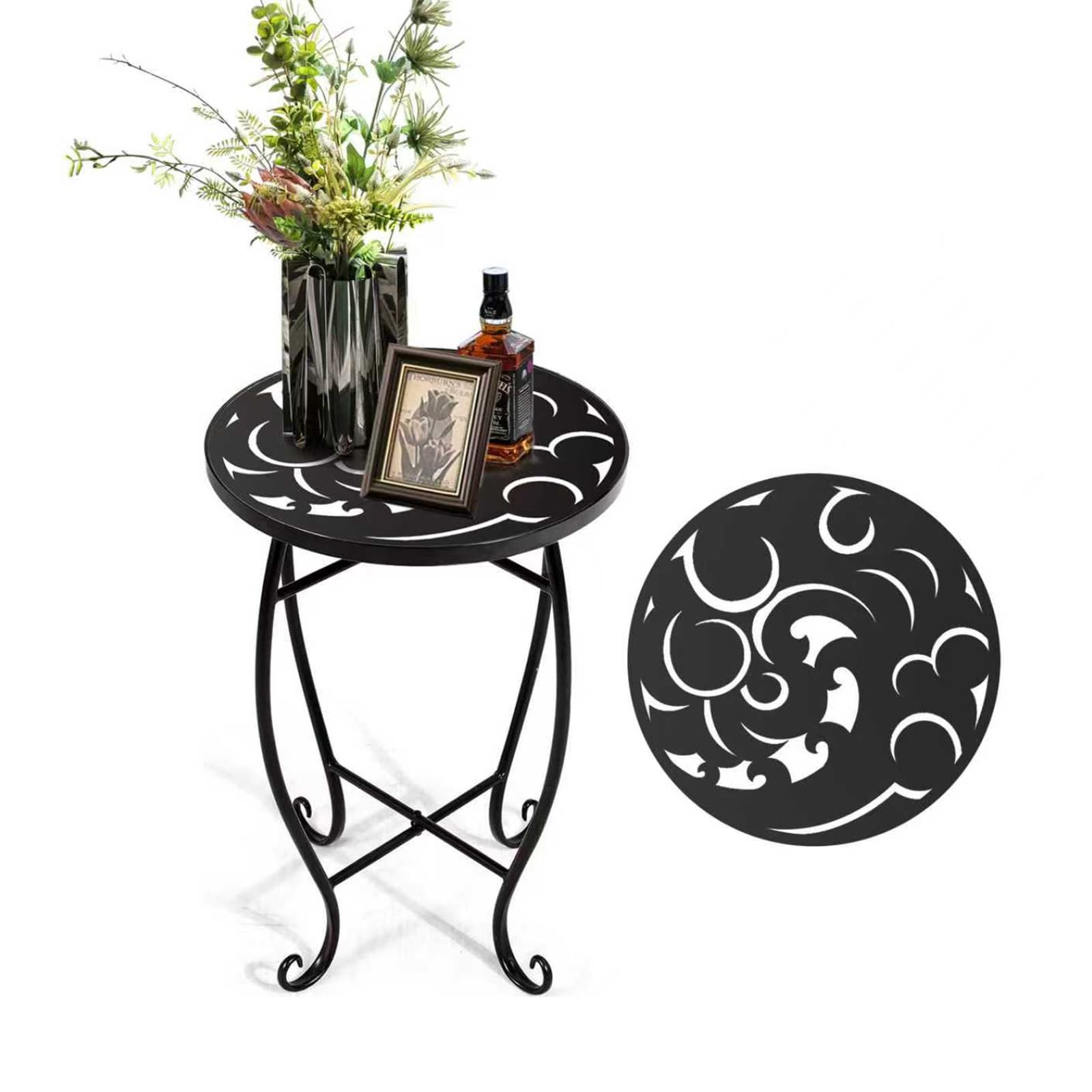 15 Inch Tall Metal Plant Stand Indoor Outdoor, Round Side Table with Swirl Pa...