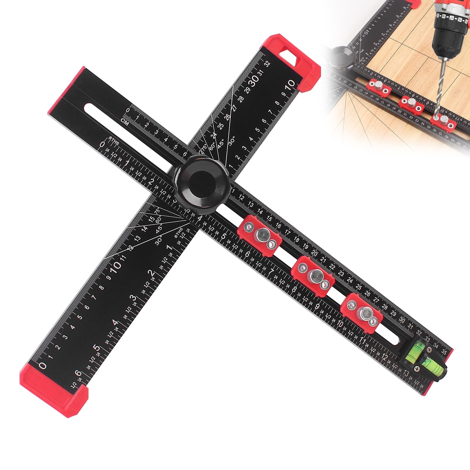 TRUTOPWAY 4-in-1 Aluminum Drilling 16" Positioning Ruler, Black