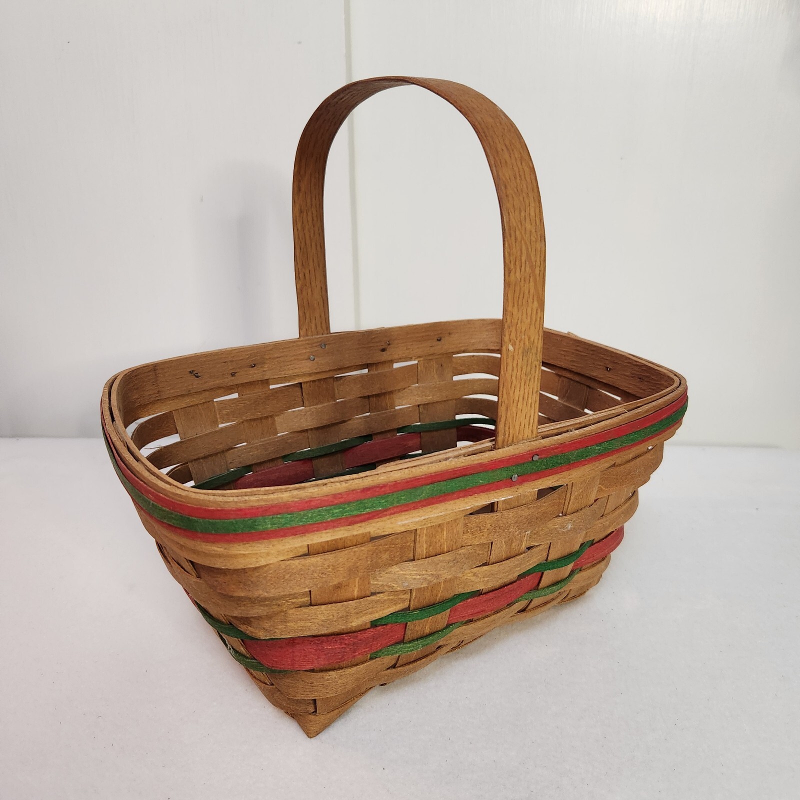 Vintage 1989 Handmade 19th Century Basket Co Holiday Basket Oak Handle Red Green
