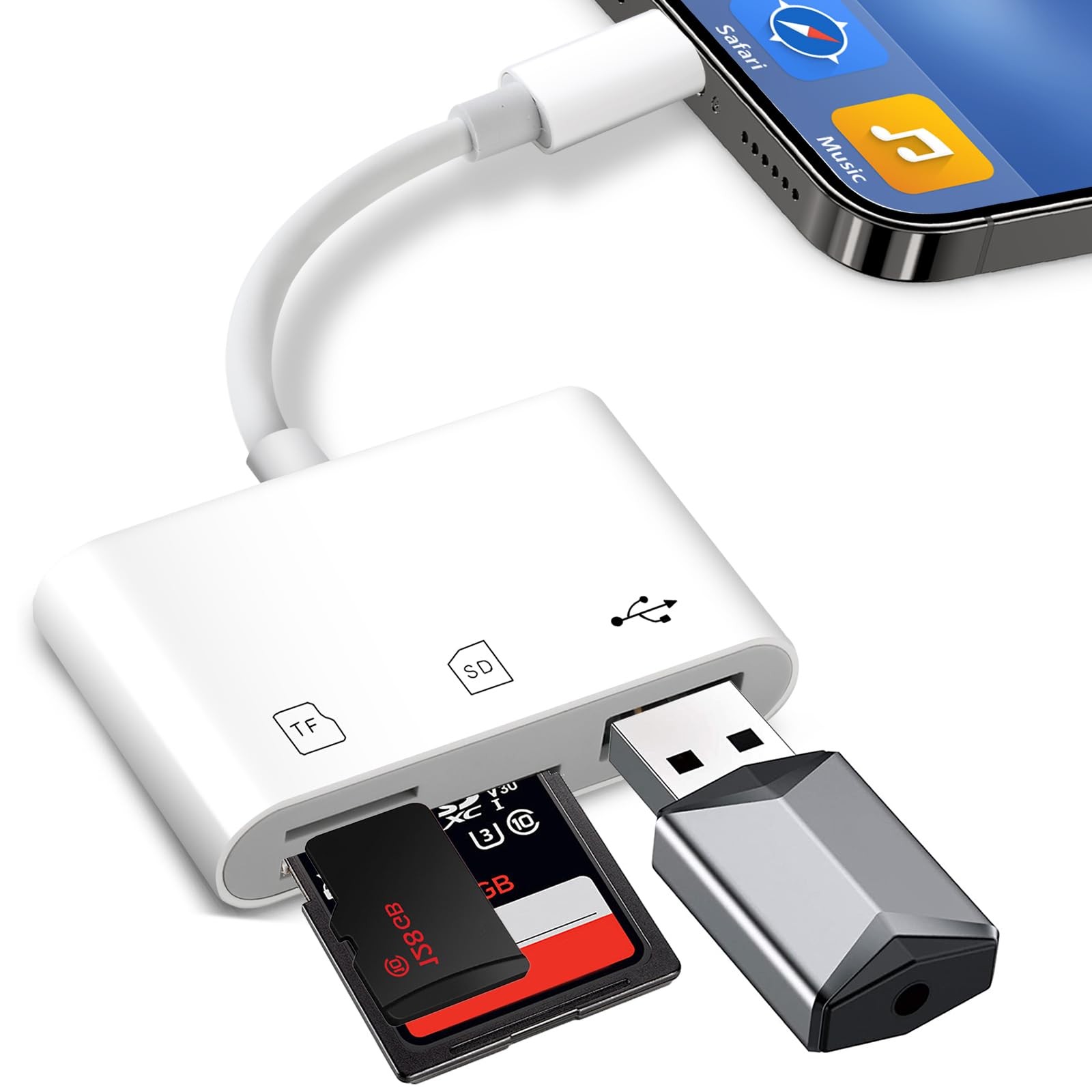 SD Card Reader for iPhone iPad, SD Card Reader with SD/MicroSD/USB-A 3 Slots,...