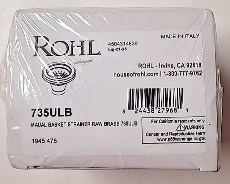 Rohl 735ULB 3 1/2" Basket Strainer without remote pop-up - Raw Brass NEW
