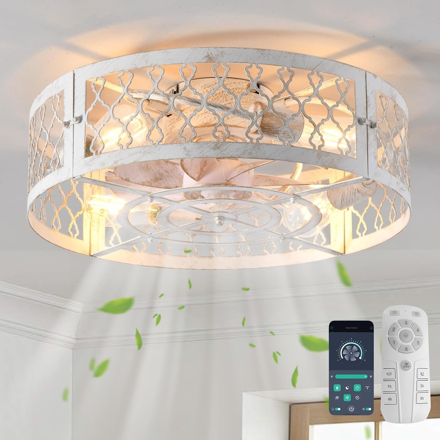20" Caged Ceiling Fan with Lights, Remote, Bladeless Fandelier, Farmhouse, White