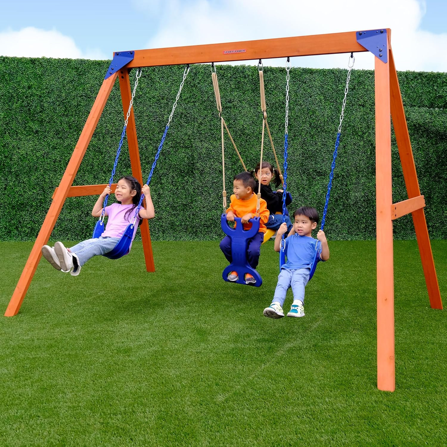 Madison Cedar Wooden Swing Set: 2 Height Adjustable Swings and 2 Person Roman Gl