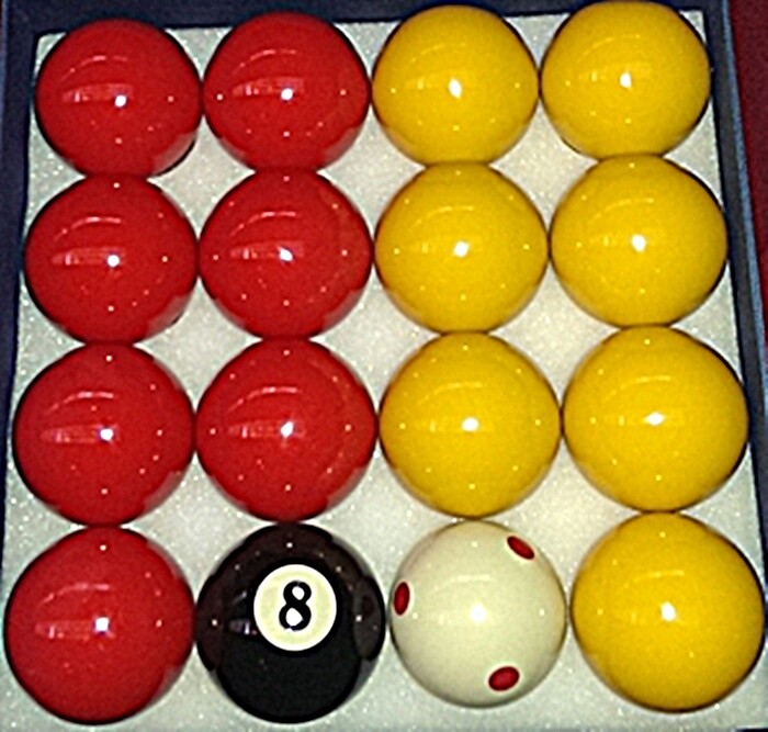 Pool Balls Pub Club League 2" (51mm) Reds & Yellows 1 7/8" (47.5mm) Red Spot Cue