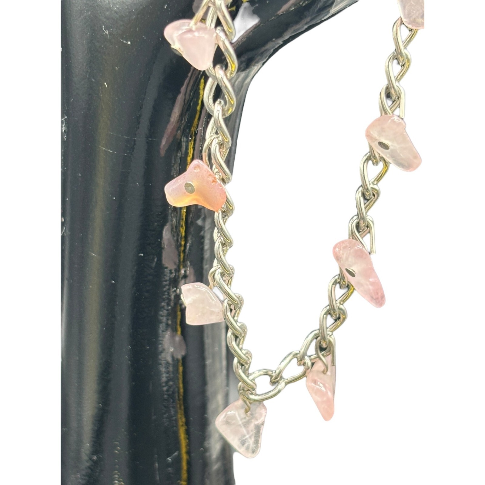 Hand Crafted Pink Crystal Boho Bracelet 7" Rose Quartz Silver tone