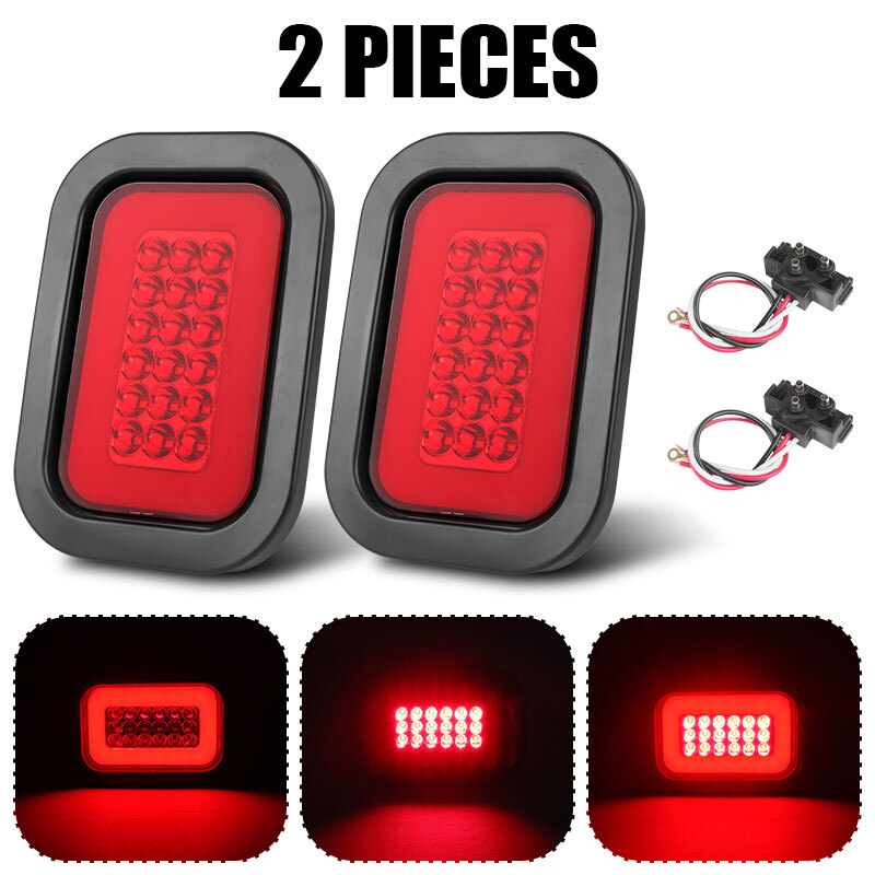 2pc 5" x 3" Red Rectangular LED Tail Lights With Pigtails For Trailer Tow Truck