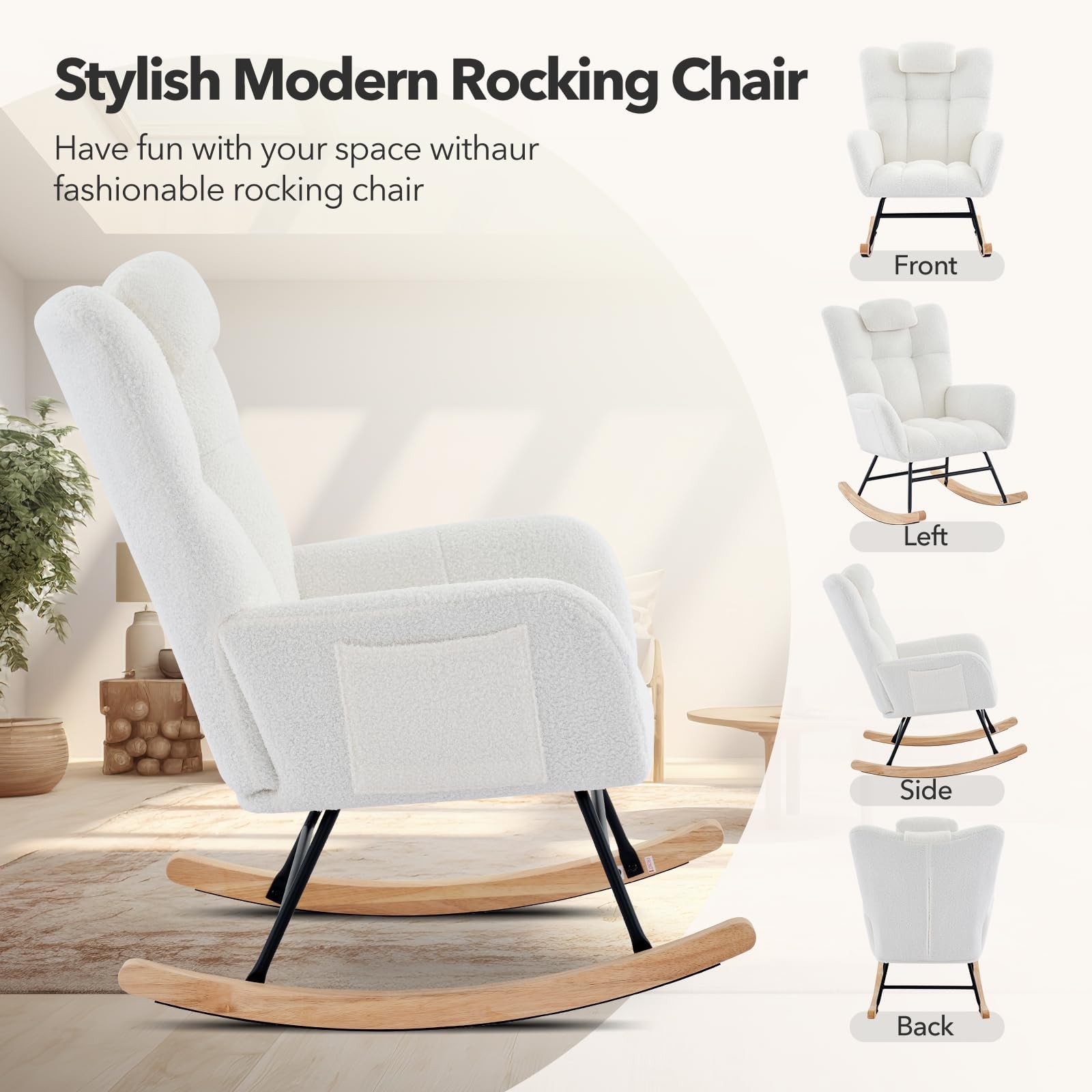 Modern Nursery Rocking Chair 250 lbs Capacity Glider Rocker Chair with Headrest