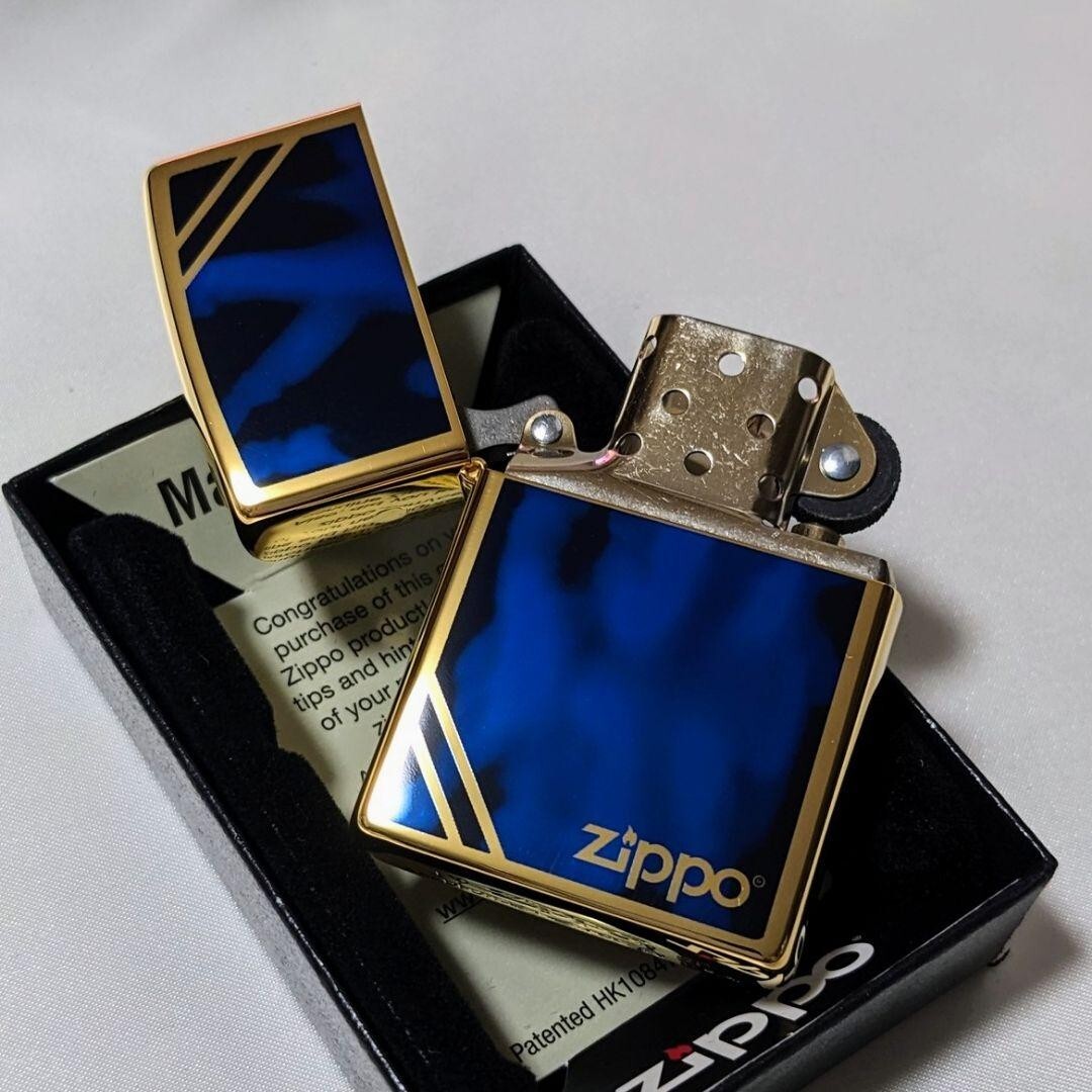 Zippo Oil Lighter Marble Gold Blue Logo Regular Case Japan