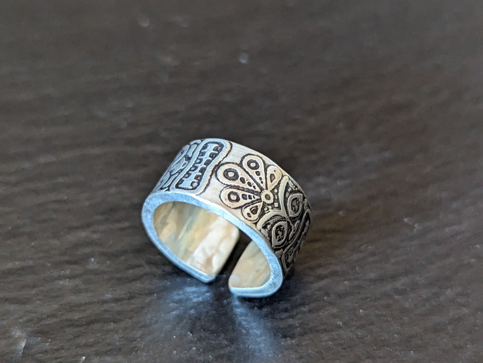 Thick sterling silver ring with tiki gods - handmade - open design