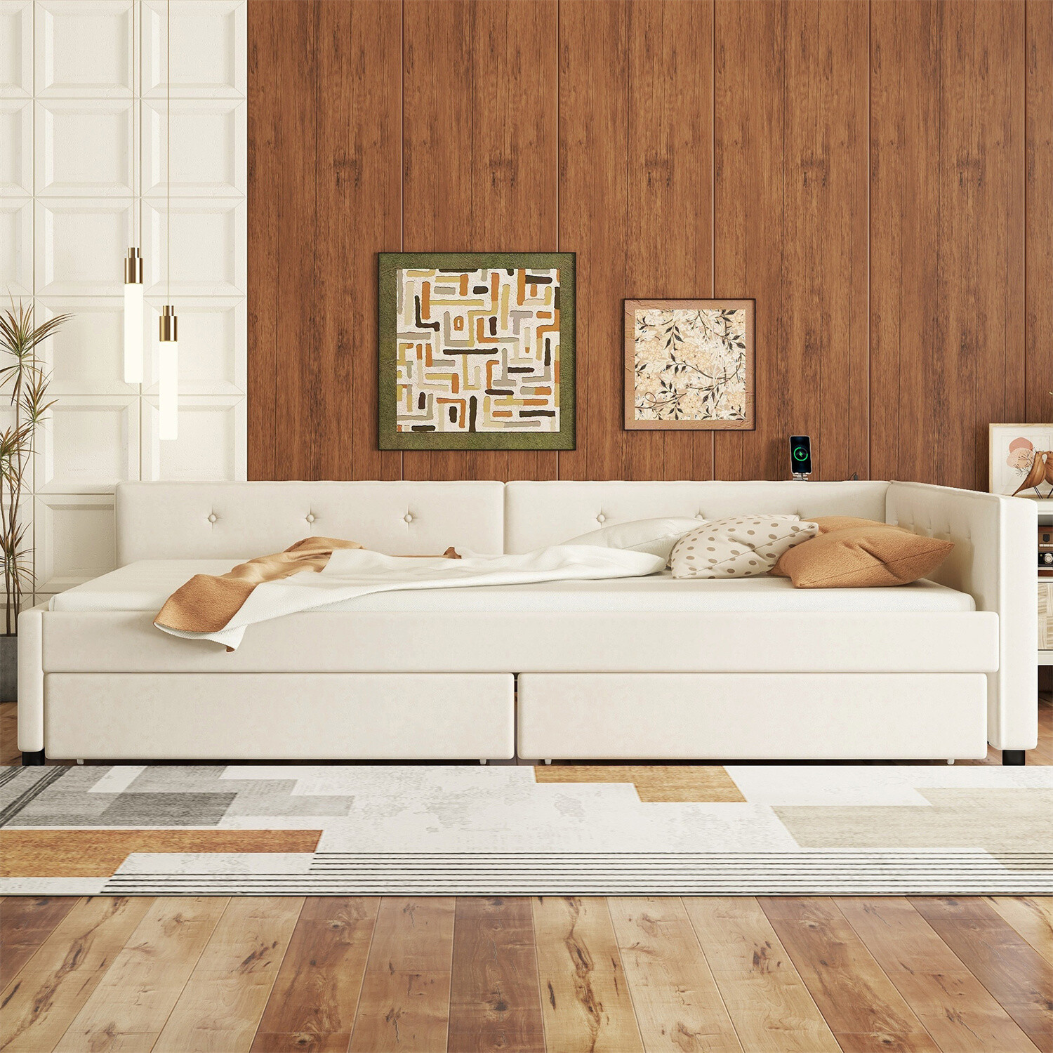 Full Size Daybed Upholstered Bed Frame Sofa Bed w/ USB Ports & 2 Drawer