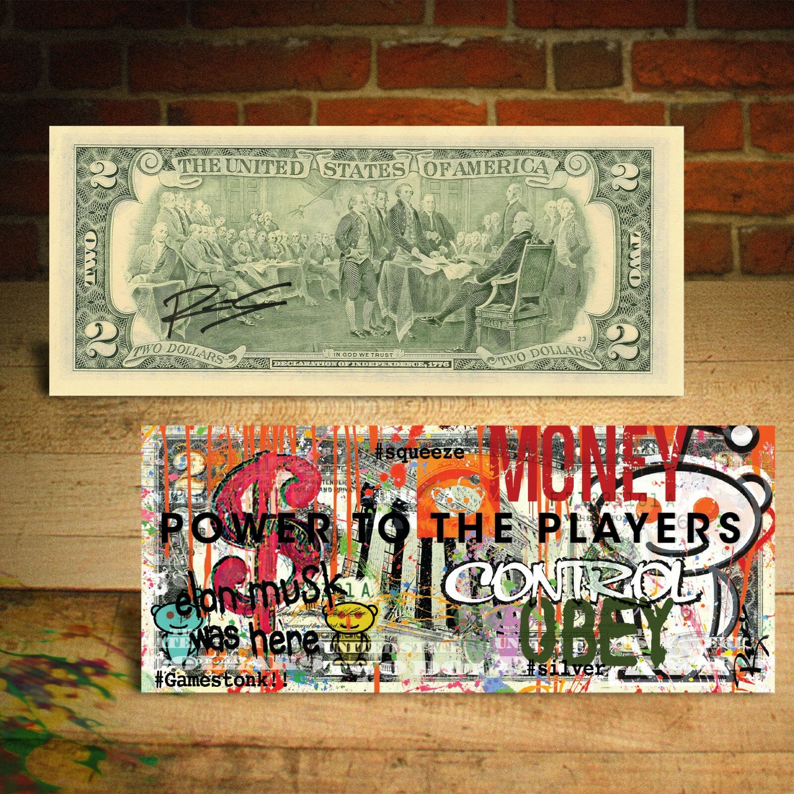 REDDIT Elon Musk was Here Stocks  Pop Art Genuine US $2 Bill SIGNED By Rency