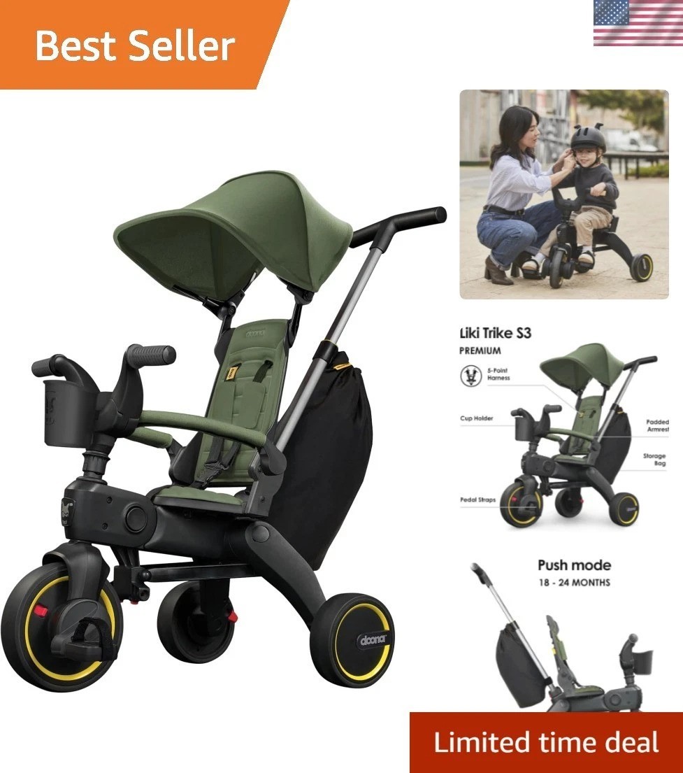 Liki Trike S3, Desert Green - 5-in-1 Compact, Foldable Tricycle - Suitable fo...