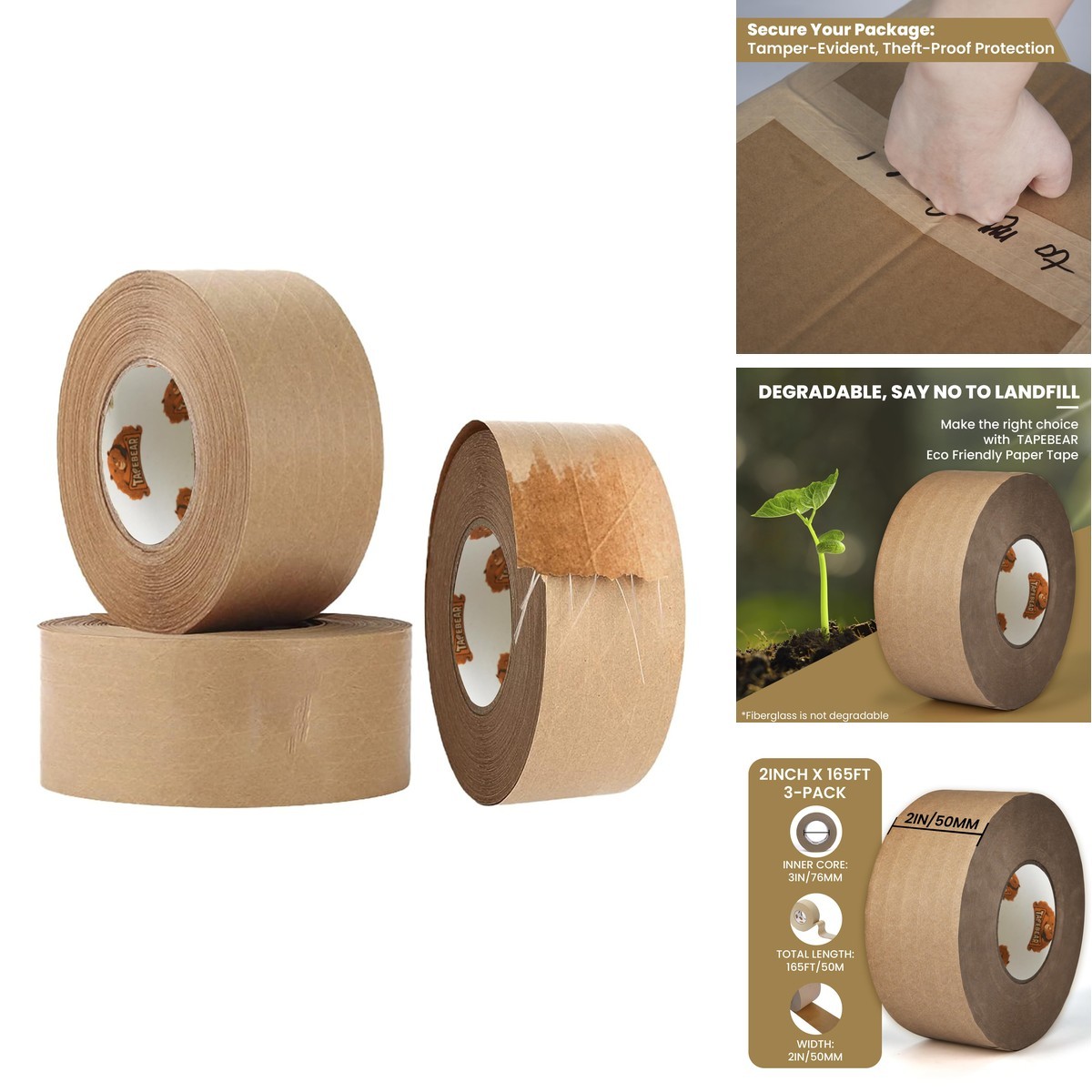 TAPEBEAR Water Activated Tape, Fiber Reinforced Gummed Tape 2inch x 165ft