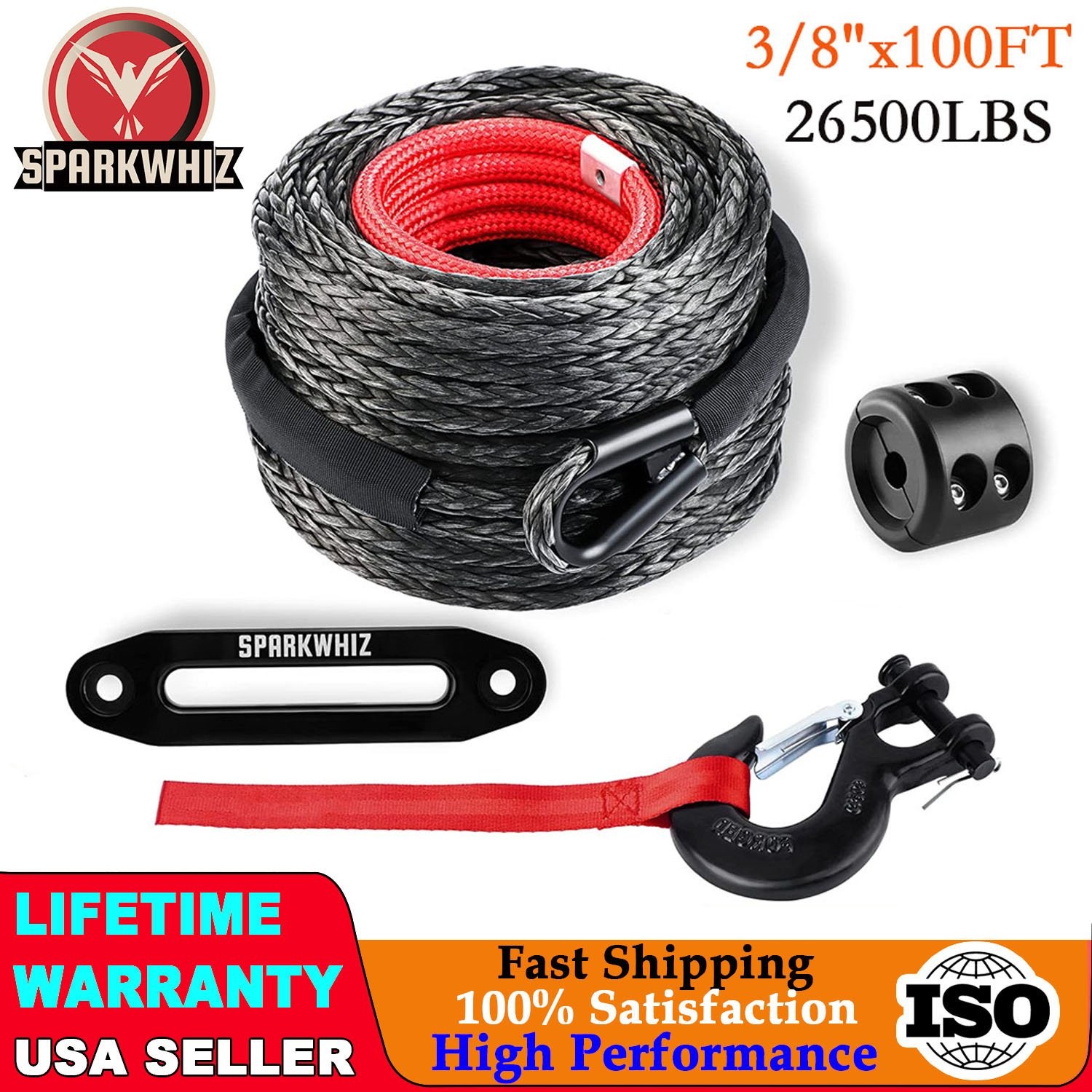 3/8"x100ft 26500LBS Synthetic Winch Rope Winch Line Cable & Winch Hook for Truck