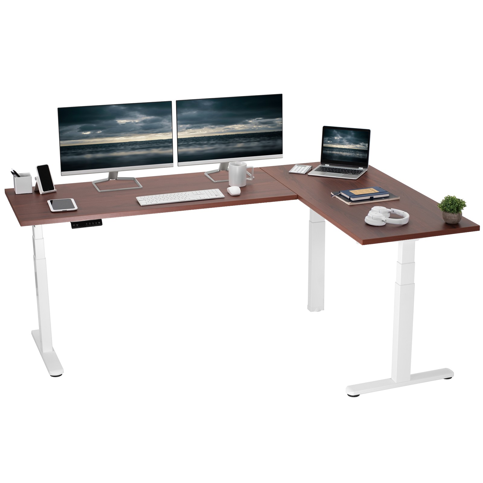 VIVO Electric 78" x 55" Stand Up Corner Desk, Dark Walnut Tops, White Frame