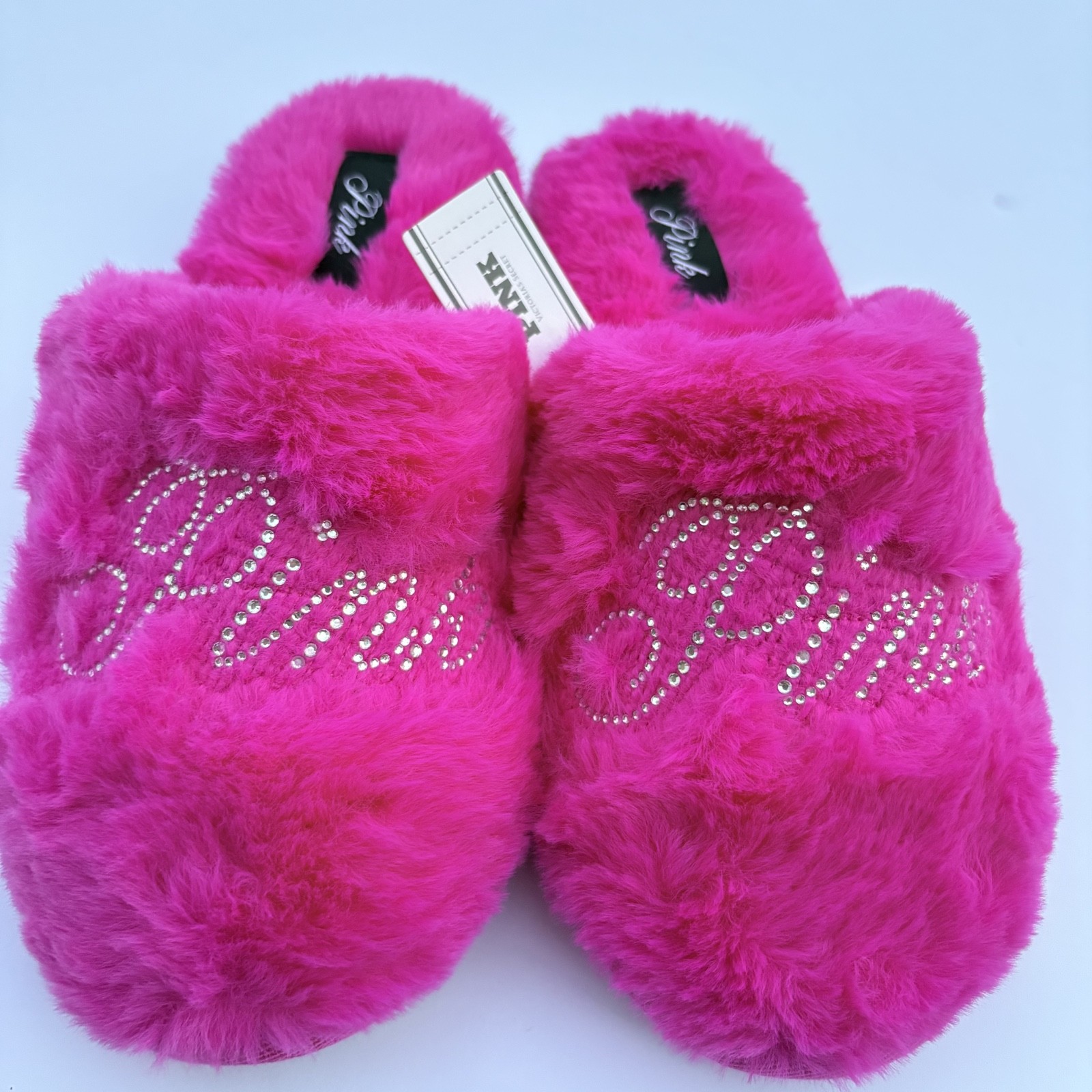 Victoria's Secret PINK Slippers Size S (5-6) Faux Fur Bling Logo  Pink Fire  NWT