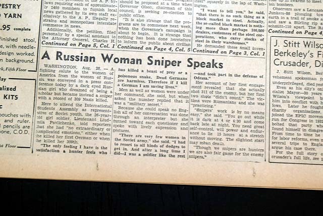 LYUDMILA PAVLICHENKO Soviet Russian Woman Red Army Sniper 1942 WWII Newspaper