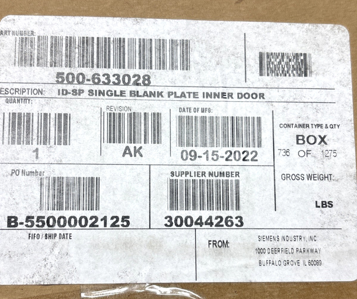 Siemens 500-633028 AK ID-SP Single Blank Inner Door Plate, Unused In Factory Box