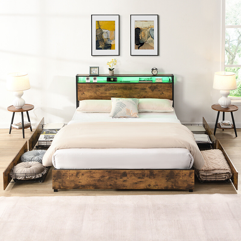 Queen Size Platform Bed Frame w/LED Headboard,Charging Station & 4 Large Drawers