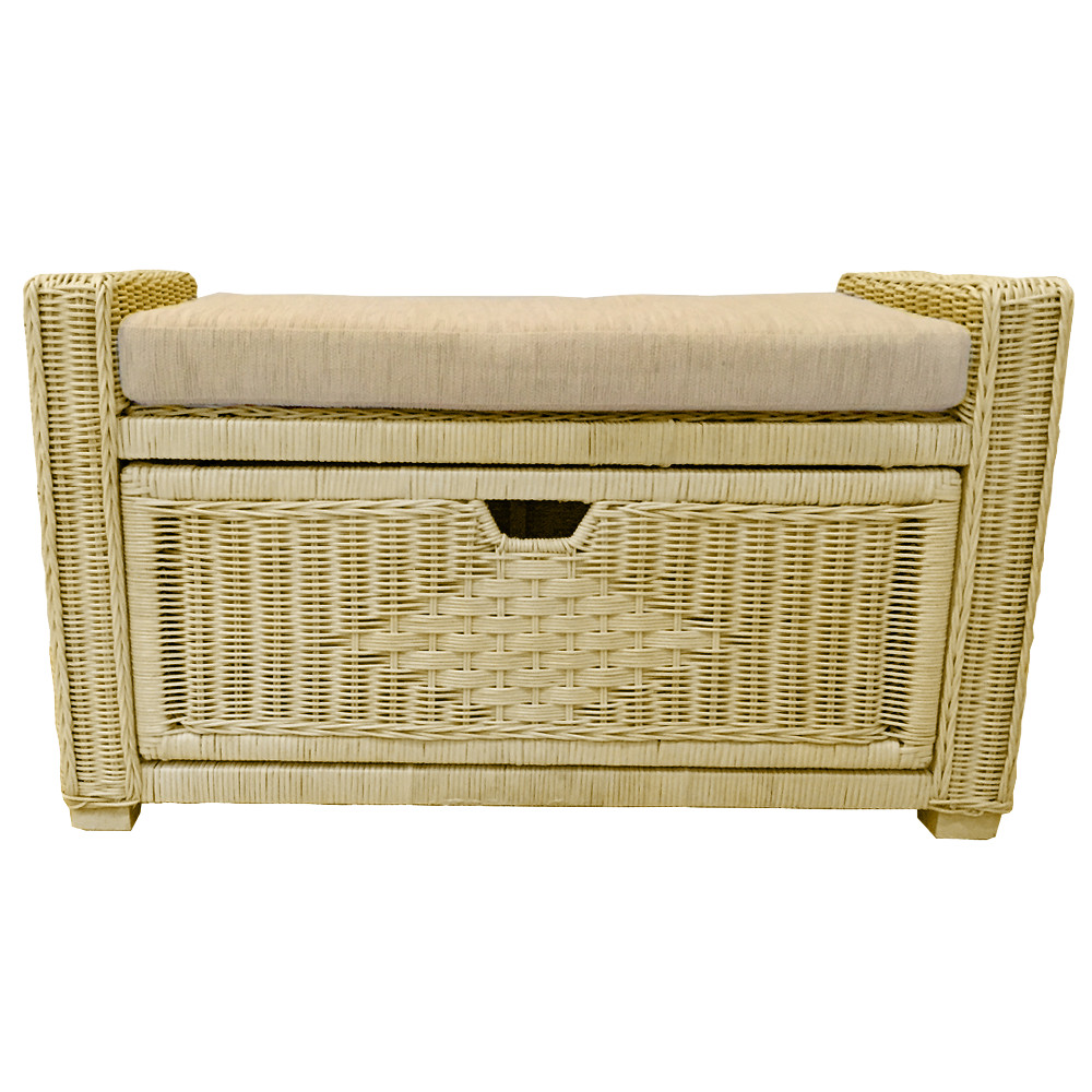 Bruno Handmade 32" Rattan Wicker Chest Storage Ottoman with Drawer, White Wash
