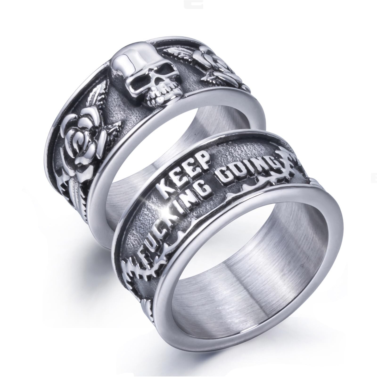 Keep Going Ring Stainless Steel Gothic Rose Skull Rings for Men Women Band Si...