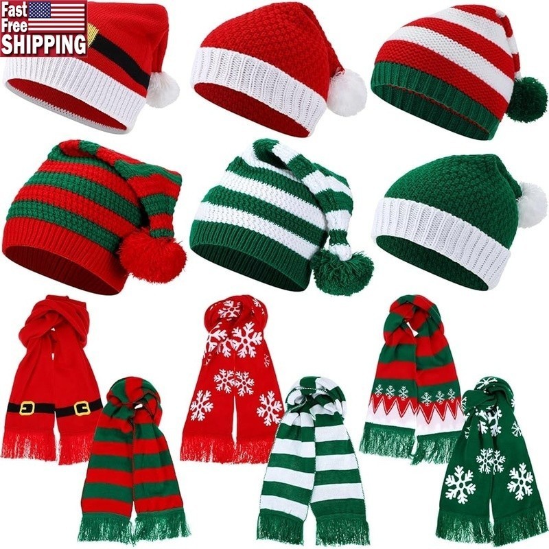 12 Piece Christmas Knitted Beanie Hat Scarf Set Winter Accessories Warm Gift New