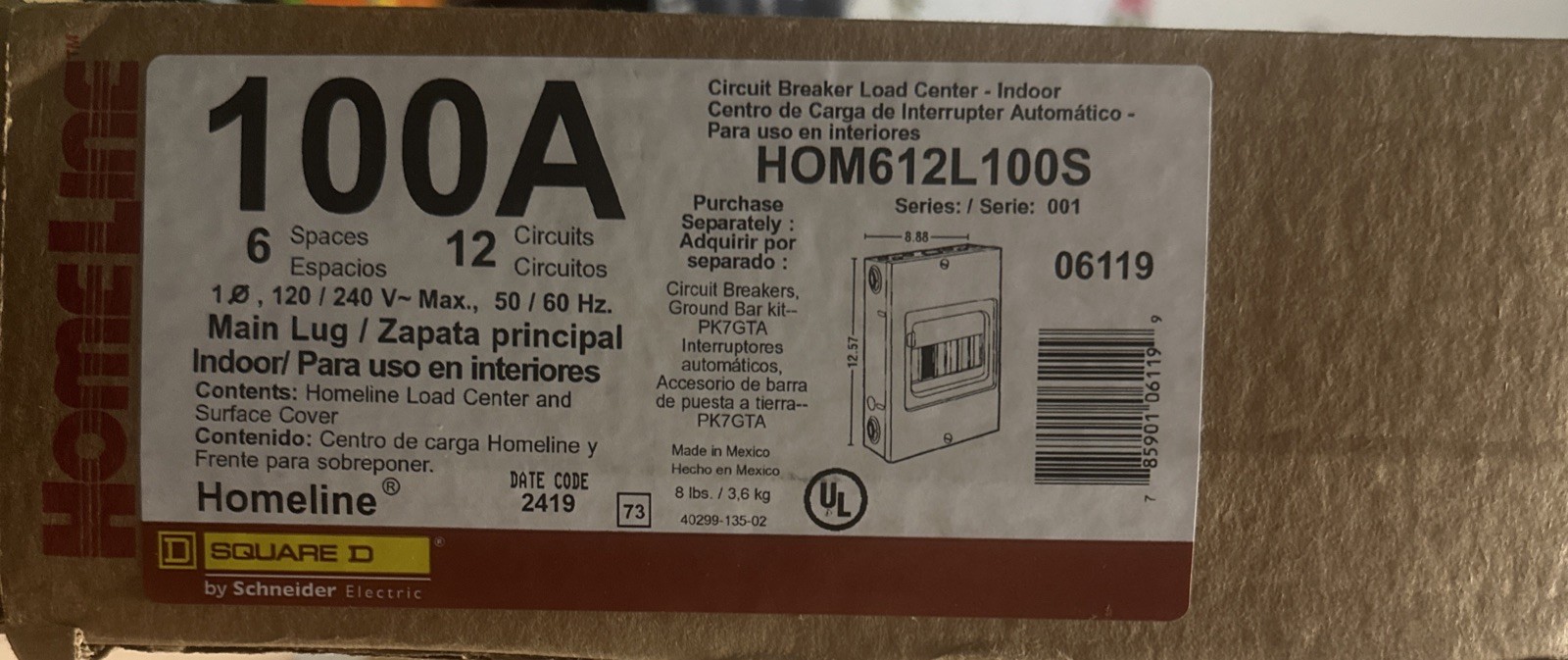 NEW HOMELINE HOM612L100S Load center 6 spaces, 12 circuits, 100A