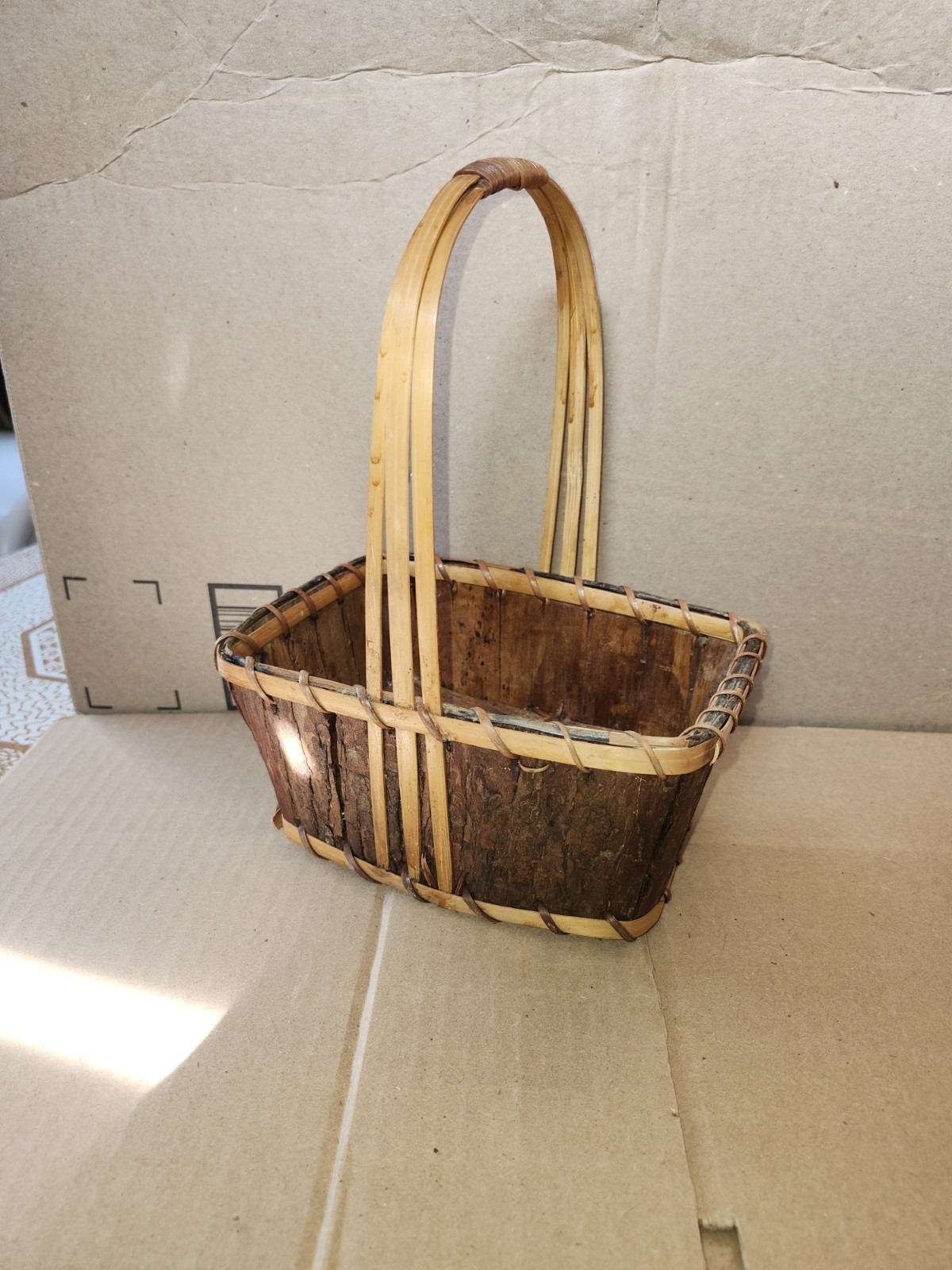 Wood Bark Basket Vintage Handmade With Handle And Liner Very Unique