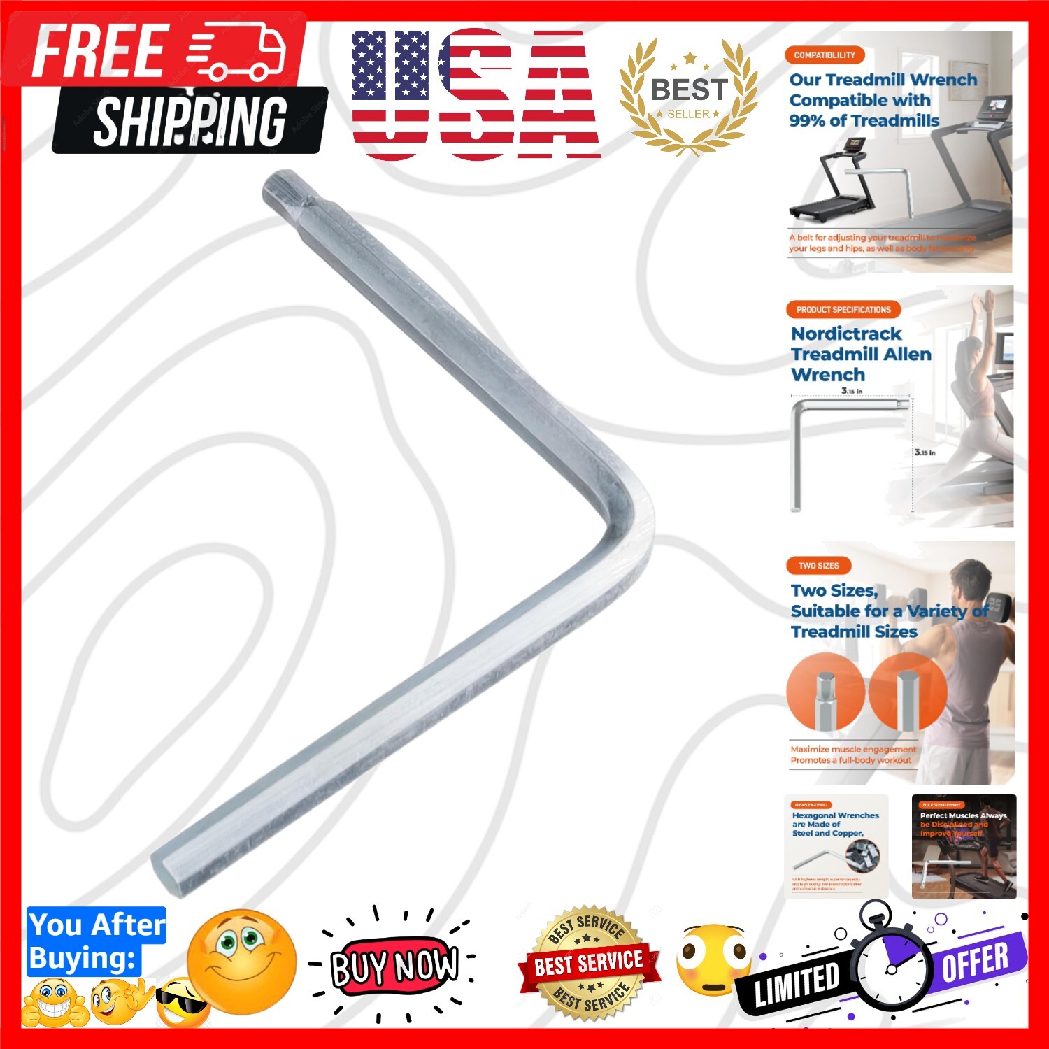 Double-Sided Treadmill Wrench Allen - Fits 99% of Brands Including NordicTrack