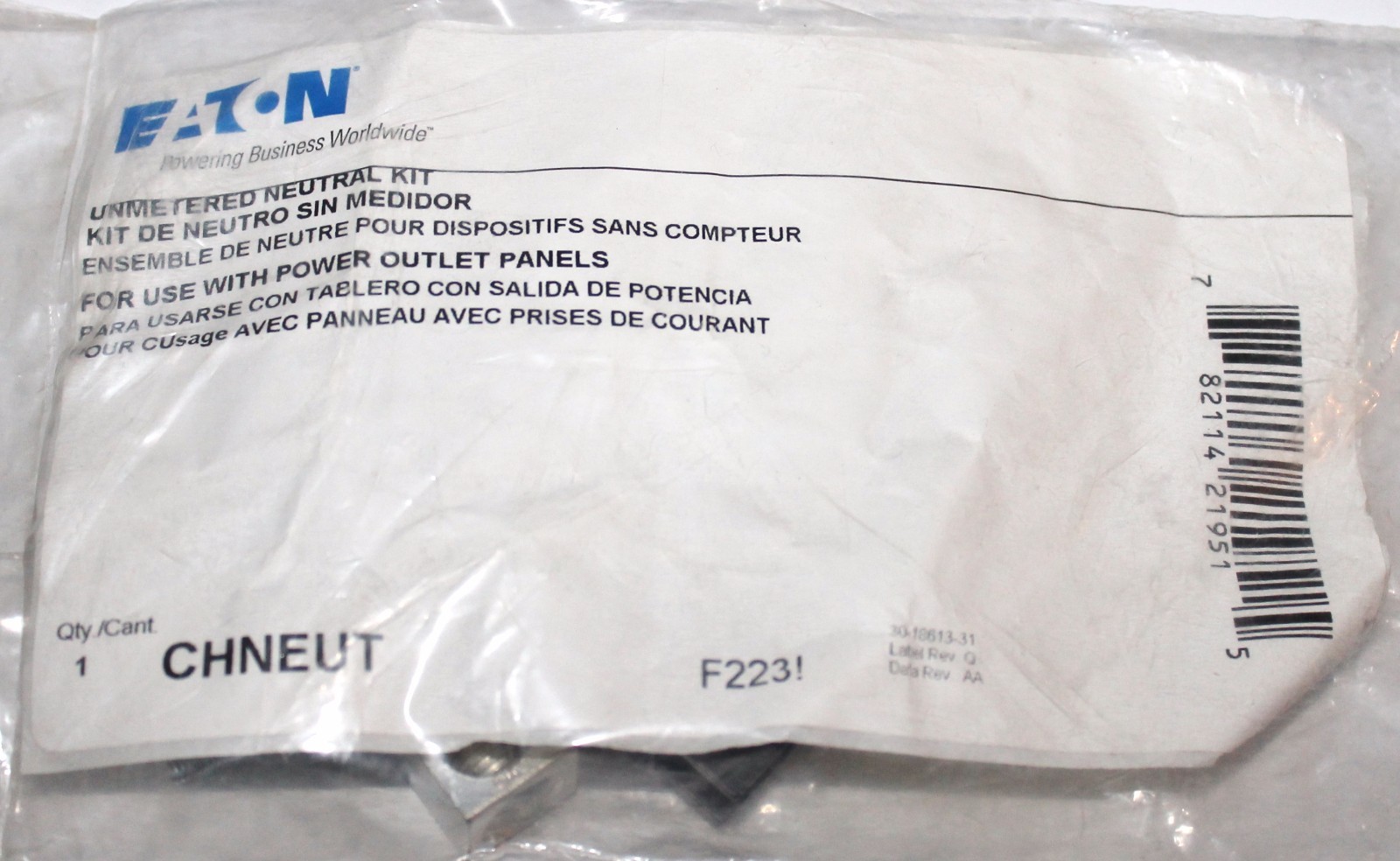 EATON CUTLER HAMMER CHNEUT Unmetered Neutral Kit 682911H21 F223 2/0 Neutral Assm