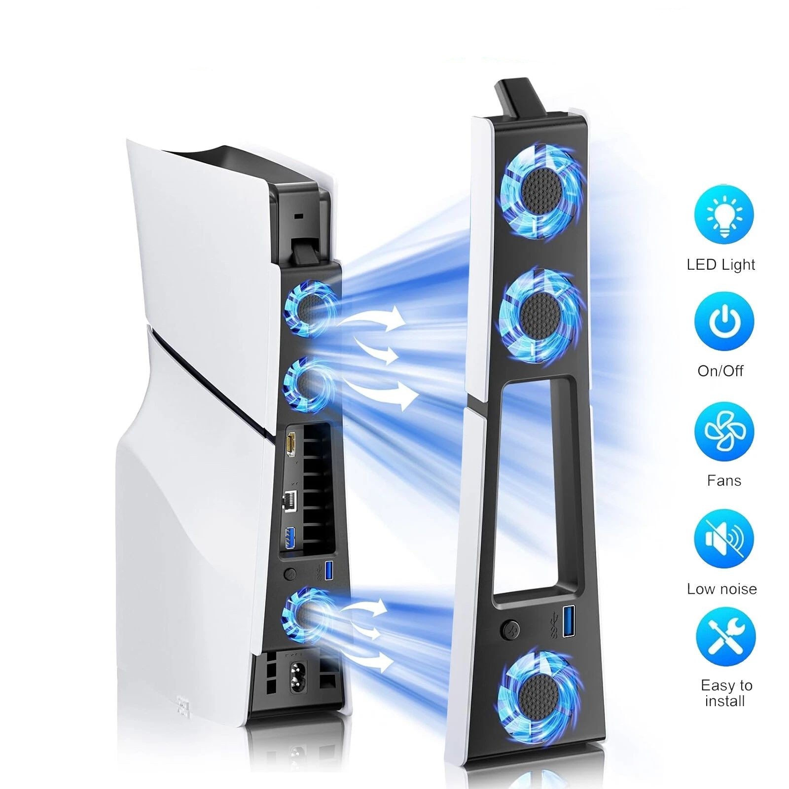 External Cooling Fan Fit PS5 Slim Disc/Digital Console Cooler Fan LED+USB 3.0 US