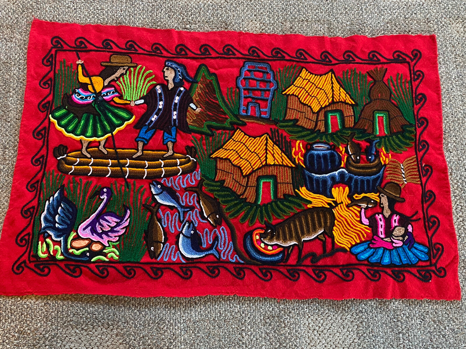 Peruvian Textile Folk Art Embroidered People Wall Hanging Decor, 35" x 22"