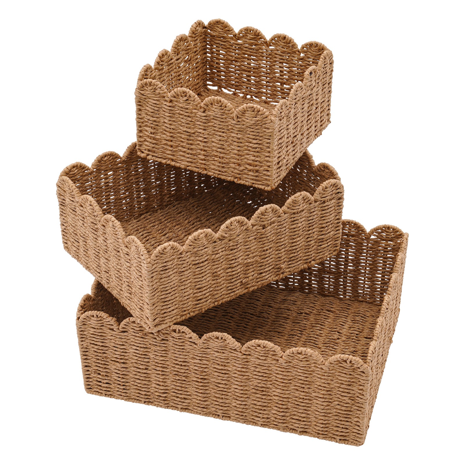 3-Piece Woven Storage Baskets Set Brown Rectangular Baskets for Desktop Organize