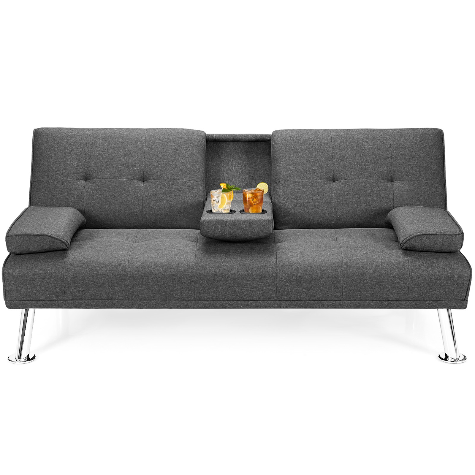 Costway Convertible Folding Futon Sofa Bed Fabric w/2 Cup Holders Dark Gray
