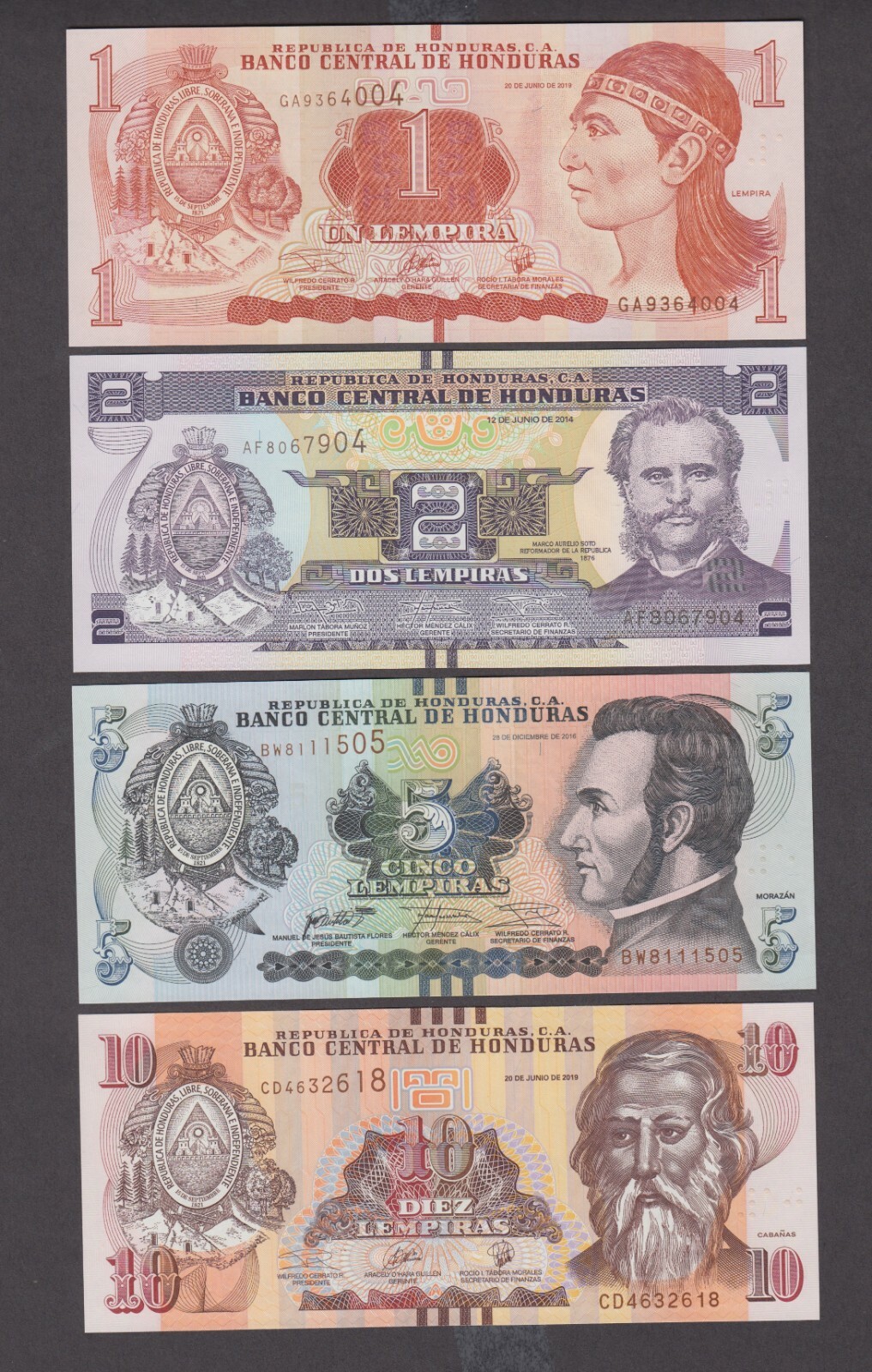 HONDURAS SET 1-2-5-10-20-50-100 LEMPIRAS 2014-19  7 NOTES UNCIRCULATED      2110