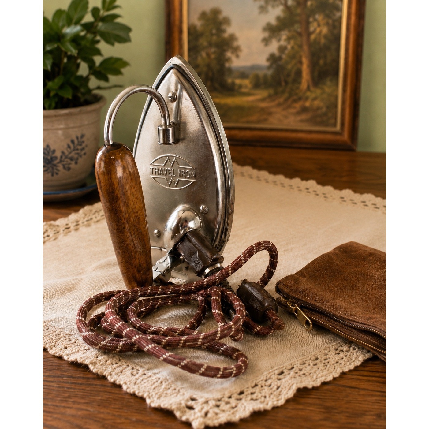 Vintage Montgomery Ward W400 Folding Travel Iron No. 4841 Wood Handle Cloth Cord