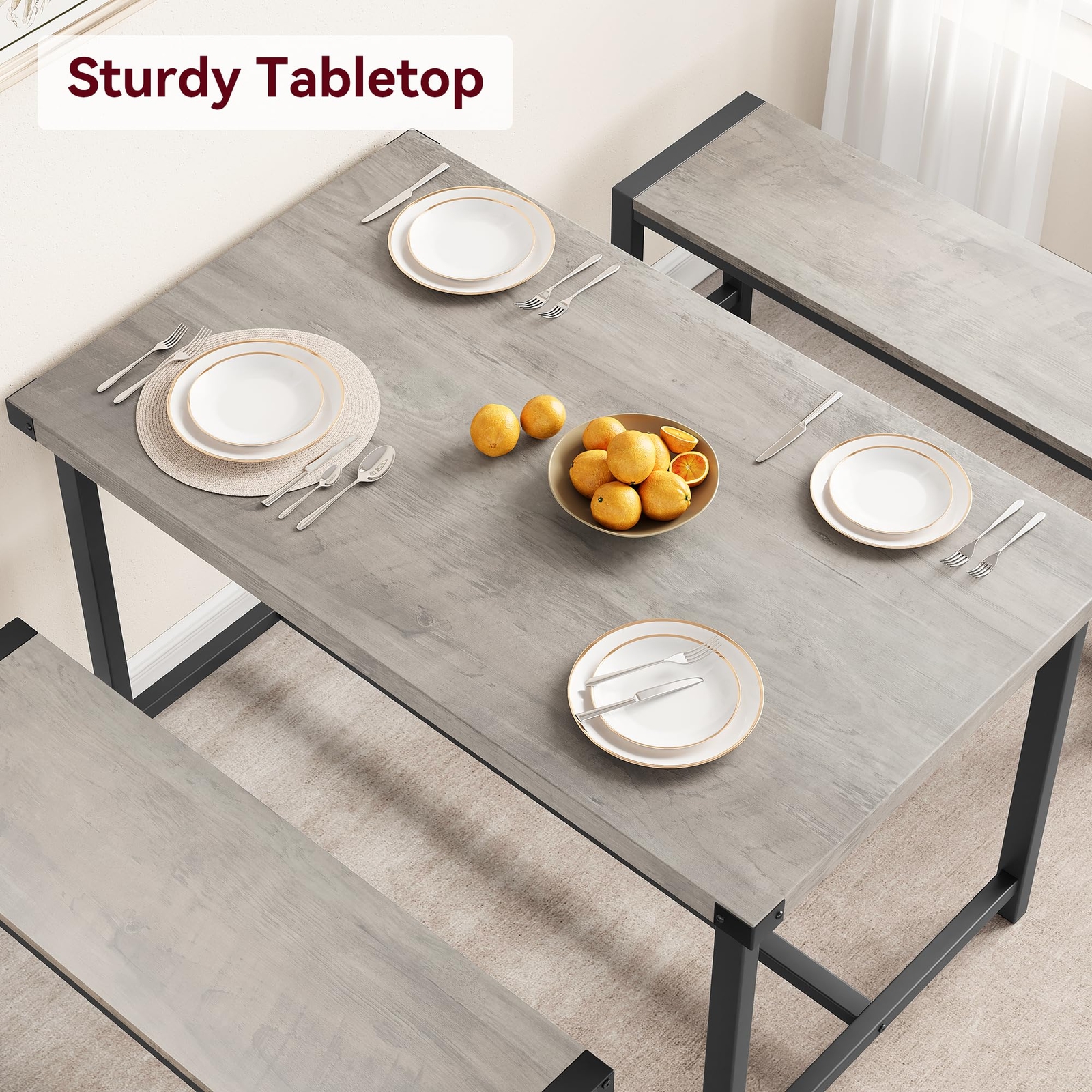 Dining Table Set for 4 Dinette Home Rectangular Kitchen Table and 2 Benches Grey